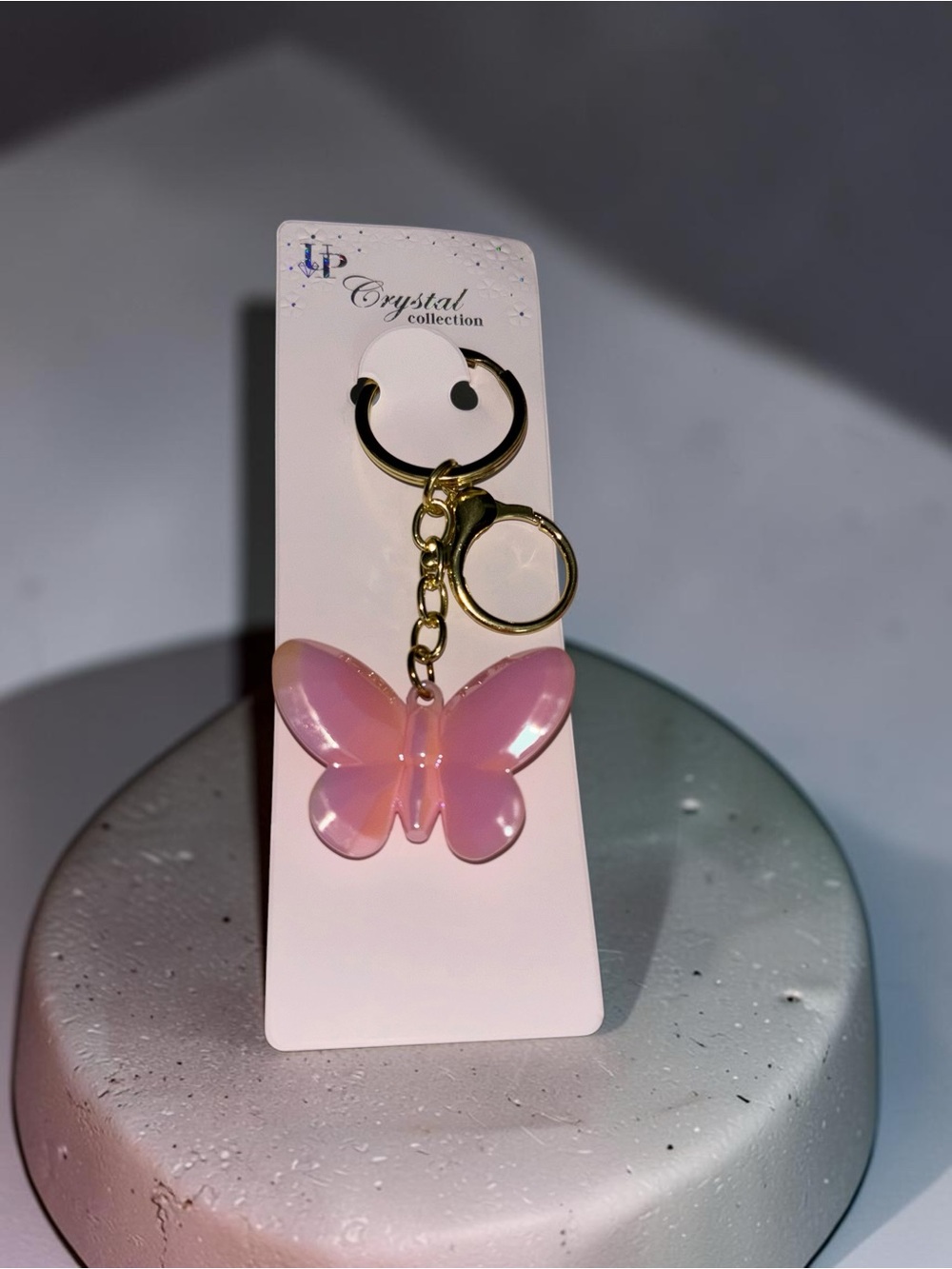 VP Crystal Collection Pink Butterfly Keychain Bag Charm Gold Tone Purse Charm